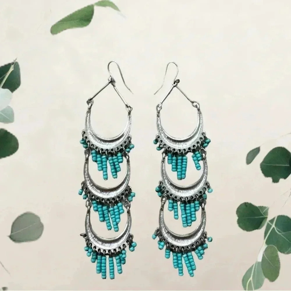 NWT 4.5” Handmade WesternTurquoise & Silver Dangling Beaded Earrings - Picture 2 of 3